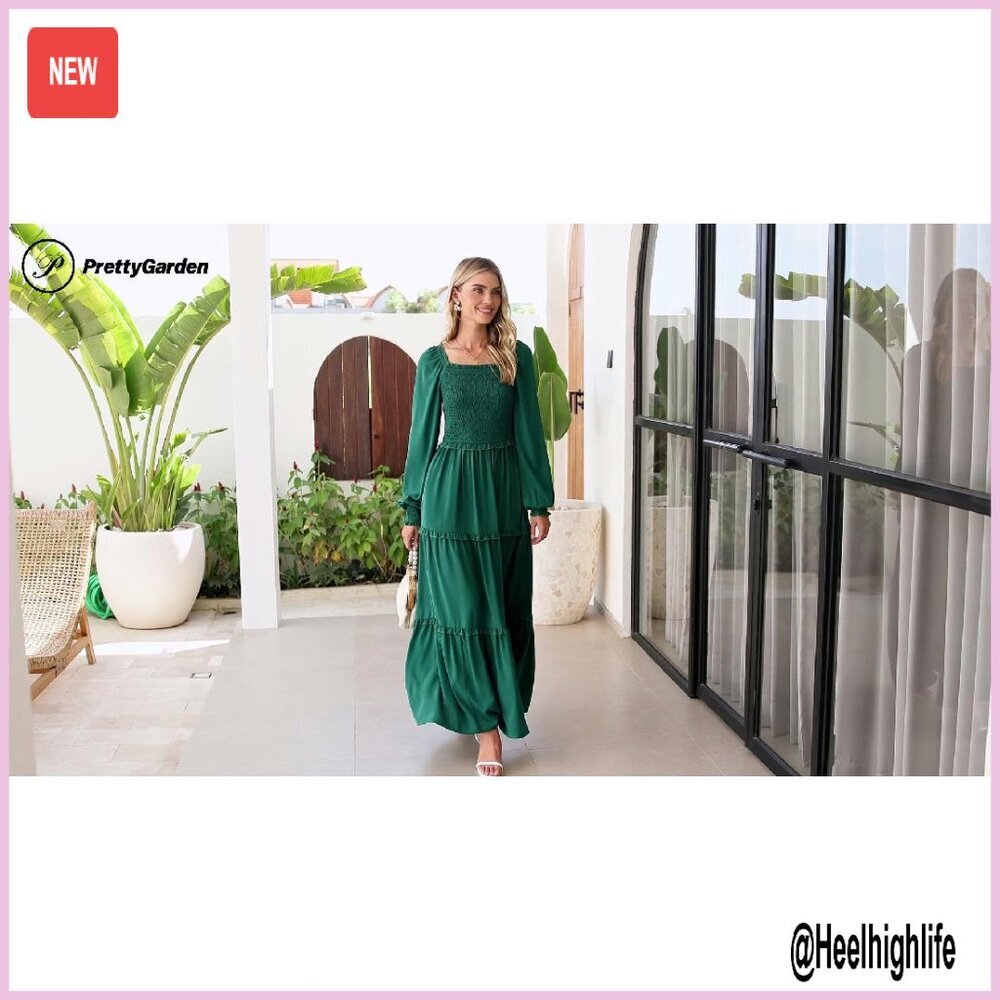 Long Sleeve Square Neck Tiered A-Line Maxi Dress, Smocked Waist, Flowy - Picture 8 of 8